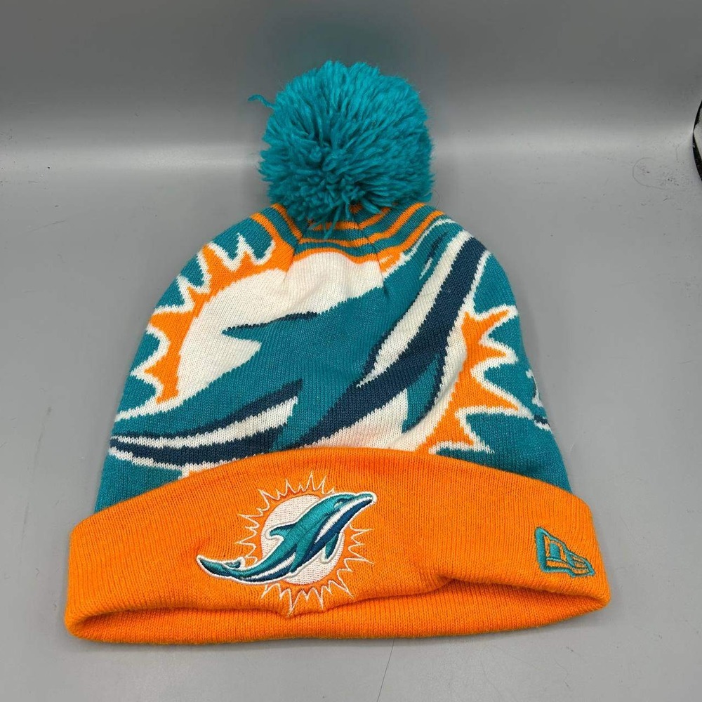 Miami Dolphins NFL Hat Youth Blue Orange New Era Cuffed Beanie Pom Pom Cap